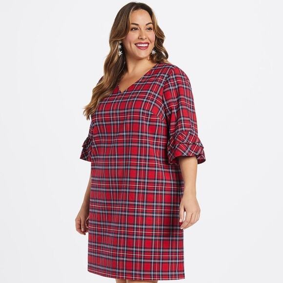 Draper James Red Angie Plaid Ruffle Sleeve Shift Dress Sz.24 - Picture 1 of 16